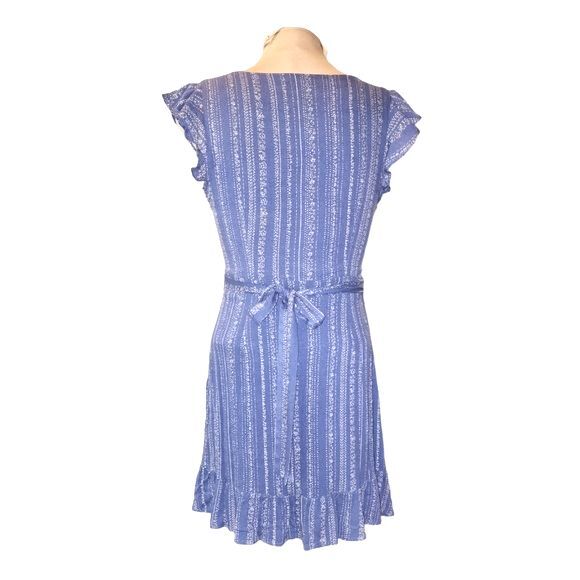 Sadie & Sage Anthropologie Blue & Tan Ruffled V-Neck A-Line Mini Dress Size S - Picture 3 of 10